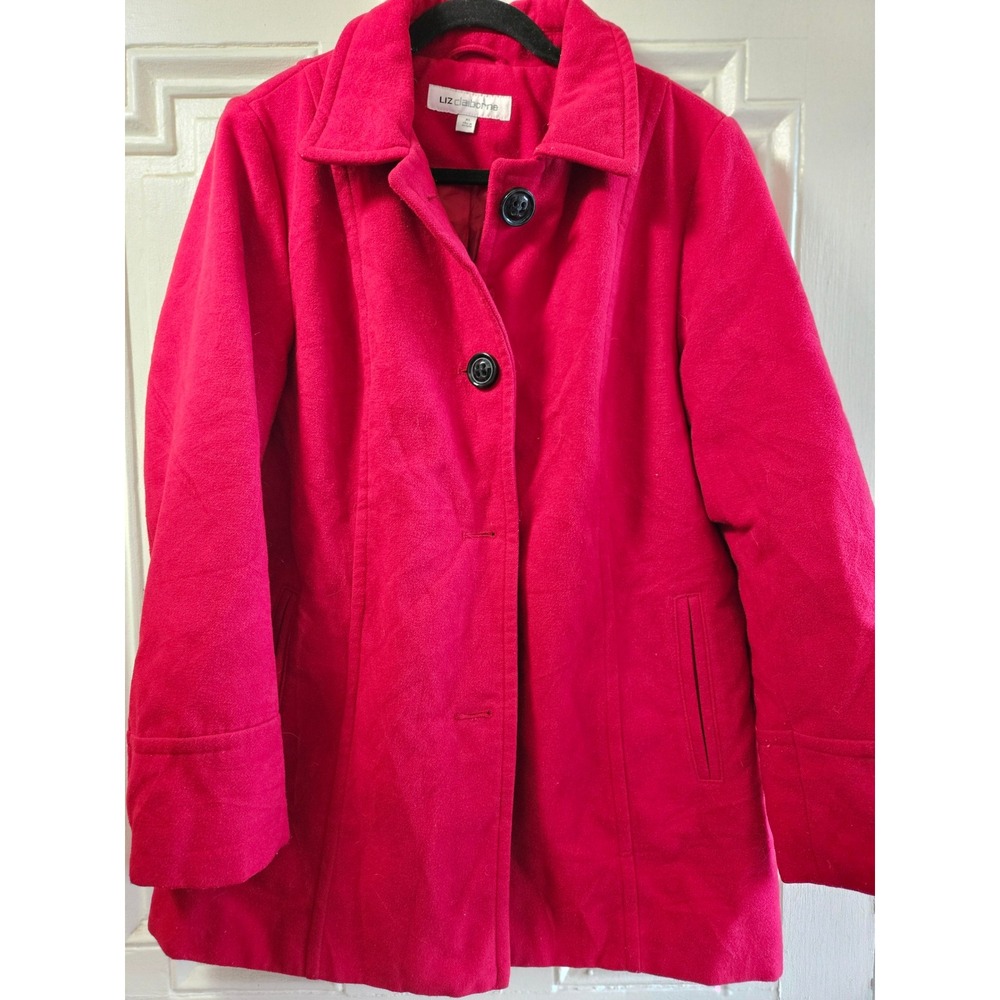 Liz Claiborne Womens Red Pea Coat XL Button Front Lined Jacket Notch Collar